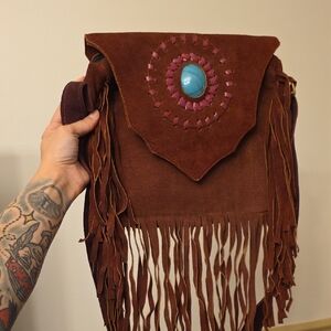 Warm Brown Fringe Leather Bag with Turquoise Accent